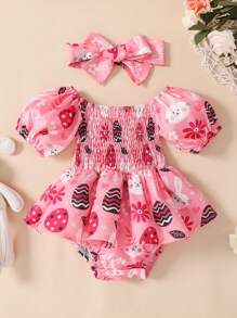 嬰兒印花泡泡袖連體衣和頭巾 - 粉色 - 查看 1