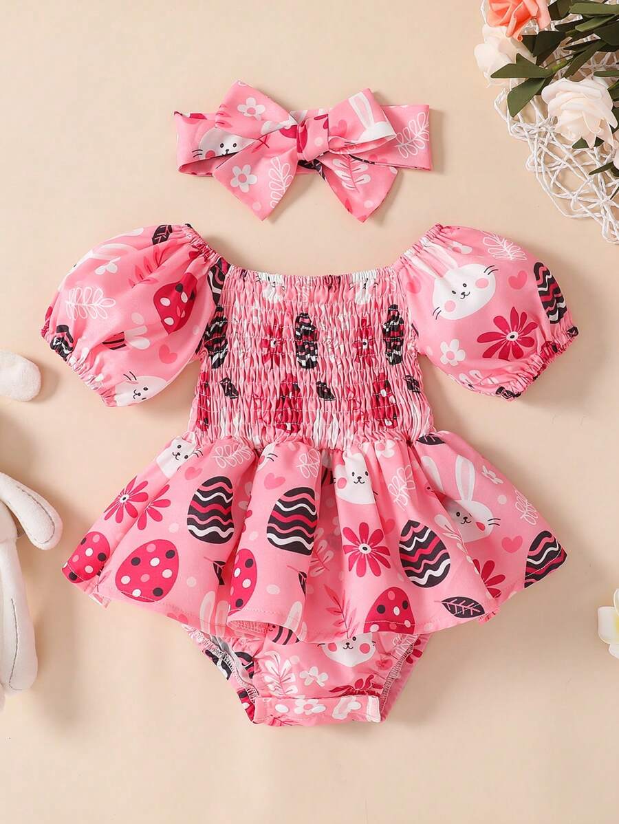 嬰兒印花泡泡袖連體衣和頭巾 - 粉色 - 查看 1