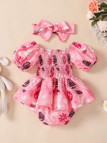 嬰兒印花泡泡袖連體衣和頭巾 - 粉色 - 查看 2