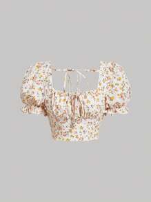 SHEIN MOD 碎花前繫帶泡泡袖短款上衣 - 彩色 - 查看 1