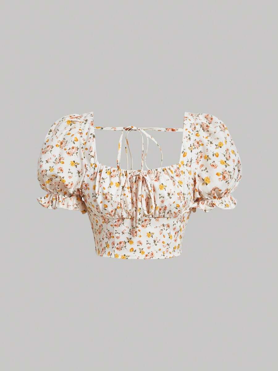 SHEIN MOD 碎花前繫帶泡泡袖短款上衣 - 彩色 - 查看 1