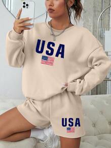 SHEIN EZwear American Flag & Letter Graphic Drop Shoulder Sweatshirt & Shorts - Apricot - View 1