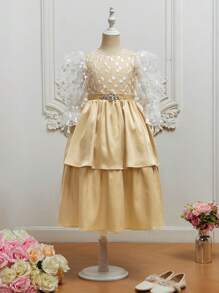 SHEIN Girls Floral Mesh Flounce Sleeve Layer Hem Dress - Multicolor - View 2