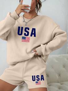 SHEIN EZwear American Flag & Letter Graphic Drop Shoulder Sweatshirt & Shorts - Apricot - View 4