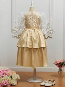 SHEIN Girls Floral Mesh Flounce Sleeve Layer Hem Dress - Multicolor - View 4