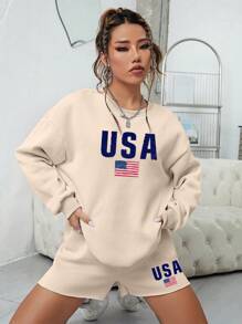 SHEIN EZwear American Flag & Letter Graphic Drop Shoulder Sweatshirt & Shorts - Apricot - View 5