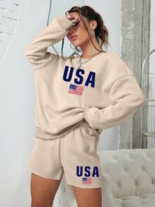 SHEIN EZwear American Flag & Letter Graphic Drop Shoulder Sweatshirt & Shorts - Apricot - View 6