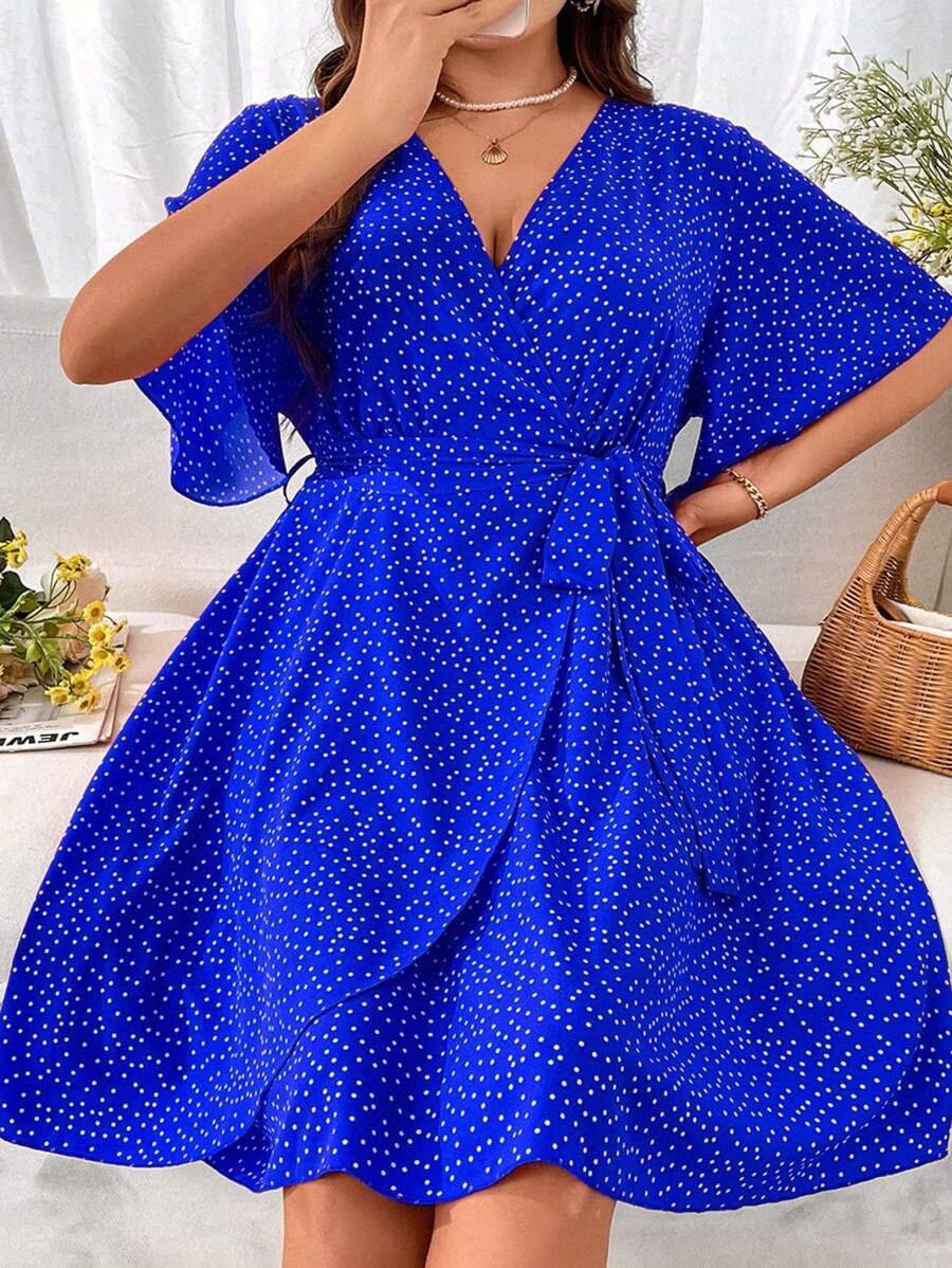 SHEIN Clasi Đầm Plus Size Thắt lưng Thắt nút Trọn gói Chấm bi Giải trí - Xanh đậm - Xem 1