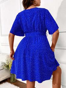 SHEIN Clasi Đầm Plus Size Thắt lưng Thắt nút Trọn gói Chấm bi Giải trí - Xanh đậm - Xem 2