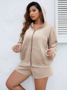 SHEIN Essnce Shorts con capucha con cremallera de hombros caídos con cordón - Caqui - Ver 7