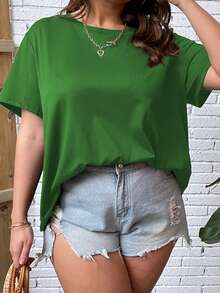 SHEIN LUNE Plus Solid Split Back Tee - Green - View 3