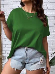 SHEIN LUNE Plus Solid Split Back Tee - Green - View 4