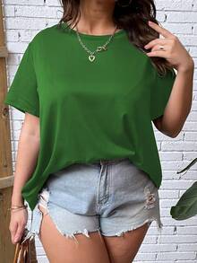 SHEIN LUNE Plus Solid Split Back Tee - Green - View 5