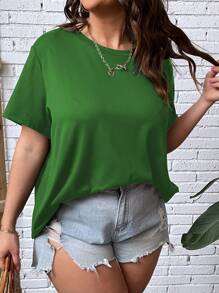 SHEIN LUNE Plus Solid Split Back Tee - Green - View 6