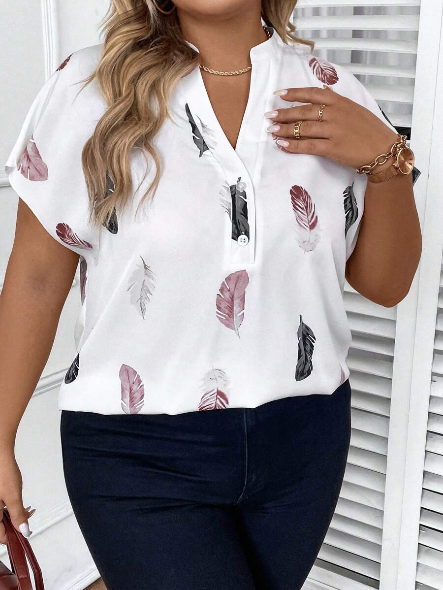 SHEIN LUNE Plus Feather Print Batwing Sleeve Blouse - White - View 1