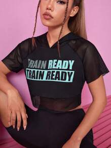 SHEIN Street Sport Slogan Graphic Raglan Sleeve Hooded Crop Sports Sweatshirt - Black - View 1