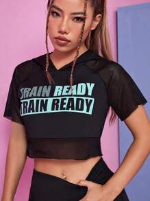 SHEIN Street Sport Slogan Graphic Raglan Sleeve Hooded Crop Sports Sweatshirt - Black - View 4