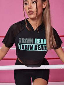 SHEIN Street Sport Slogan Graphic Raglan Sleeve Hooded Crop Sports Sweatshirt - Black - View 6