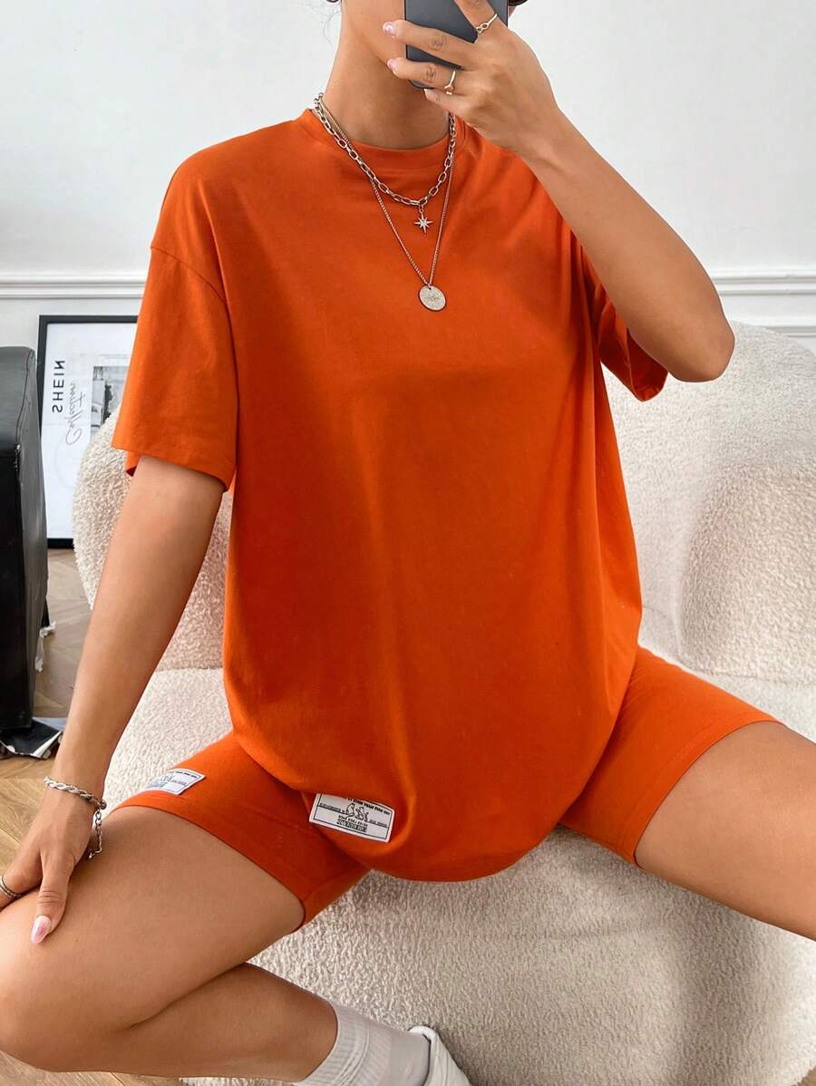 SHEIN EZwear 字母貼布落肩T恤和騎行褲 - 橘色 - 查看 1