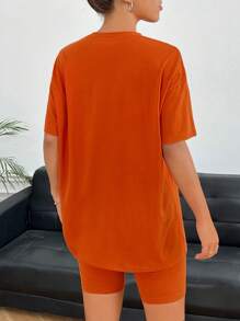 SHEIN EZwear 字母貼布落肩T恤和騎行褲 - 橘色 - 查看 2