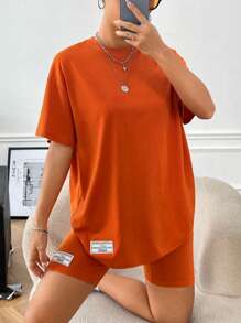 SHEIN EZwear 字母貼布落肩T恤和騎行褲 - 橘色 - 查看 5