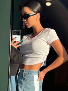 DAZY Áo thun nữ Xù màu trơn Giải trí - trắng - Xem 3