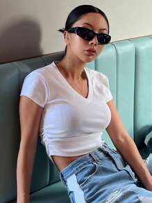 DAZY Áo thun nữ Xù màu trơn Giải trí - trắng - Xem 5