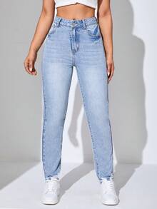 SHEIN Unity Jeans de ajuste mom con bolsillo oblicuo - Lavado ligero - Ver 4