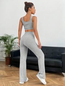SHEIN EZwear Solid Crop Tank Top & Flare Leg Trousers - Light Grey - View 3