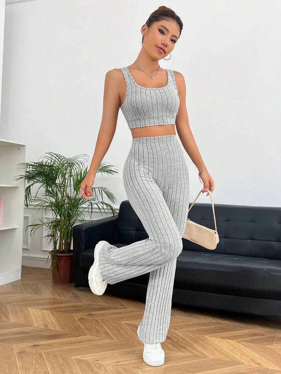 SHEIN EZwear Solid Crop Tank Top & Flare Leg Trousers - Light Grey - View 1