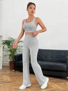 SHEIN EZwear Solid Crop Tank Top & Flare Leg Trousers - Light Grey - View 5