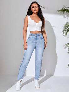 SHEIN Unity Jeans de ajuste mom con bolsillo oblicuo - Lavado ligero - Ver 3