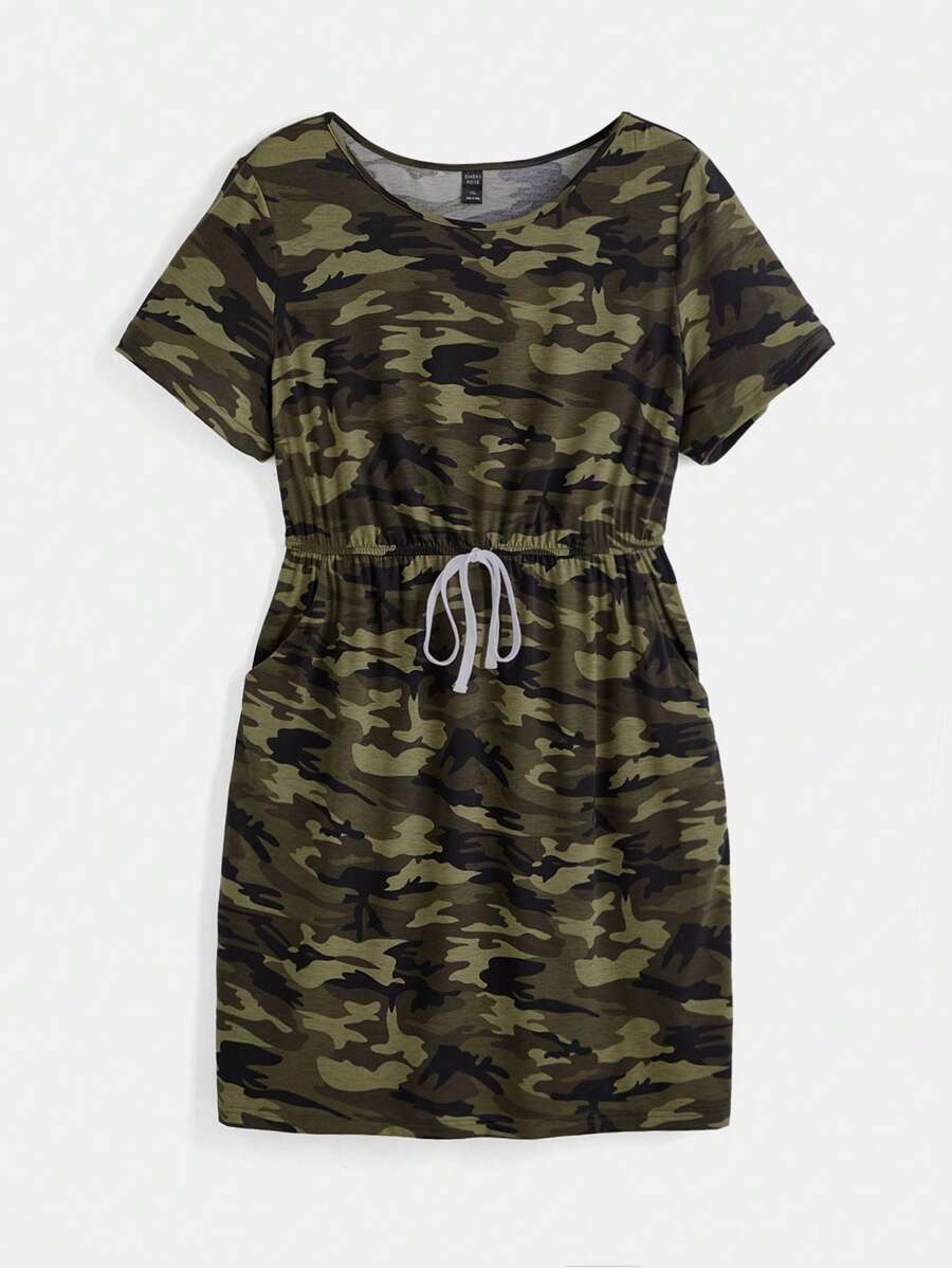 EMERY ROSE Plus Camo Print Drawstring Waist Hidden Pocket Dress - Multicolor - View 1
