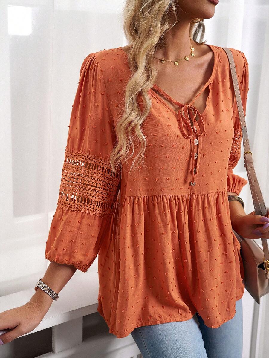 SHEIN LUNE Áo Peplum tay loe ren chấm bi tương phản Swiss - Màu Cam san hô - Xem 1