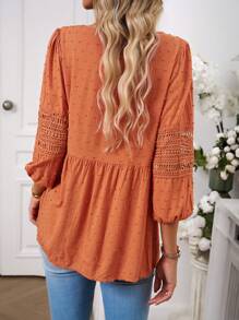 SHEIN LUNE Áo Peplum tay loe ren chấm bi tương phản Swiss - Màu Cam san hô - Xem 2