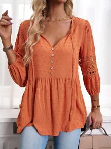 SHEIN LUNE Áo Peplum tay loe ren chấm bi tương phản Swiss - Màu Cam san hô - Xem 3