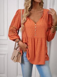 SHEIN LUNE Áo Peplum tay loe ren chấm bi tương phản Swiss - Màu Cam san hô - Xem 5