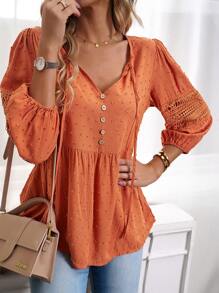 SHEIN LUNE Áo Peplum tay loe ren chấm bi tương phản Swiss - Màu Cam san hô - Xem 6