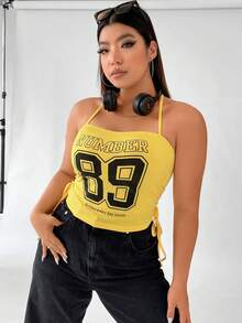 SHEIN Coolane Plus Letter Graphic Drawstring Side Halter Top