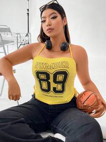 SHEIN Coolane Plus Letter Graphic Drawstring Side Halter Top