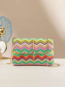 Chevron Pattern Tassel Decor Flap Chain Straw Bag Colorblock - Multicolor - View 1