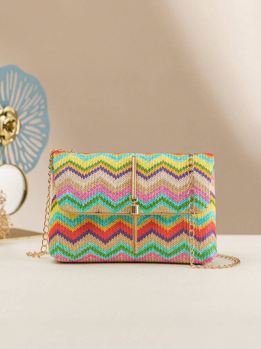 Chevron Pattern Tassel Decor Flap Chain Straw Bag Colorblock - Multicolor - View 1