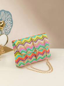 Chevron Pattern Tassel Decor Flap Chain Straw Bag Colorblock - Multicolor - View 2