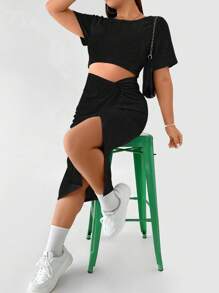 Flirla Đầm Plus Size Cắt ra xoắn lại Tách cao màu trơn Giải trí - màu đen - Xem 1