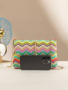 Chevron Pattern Tassel Decor Flap Chain Straw Bag Colorblock - Multicolor - View 4