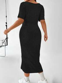 Flirla Đầm Plus Size Cắt ra xoắn lại Tách cao màu trơn Giải trí - màu đen - Xem 2