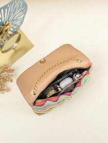 Chevron Pattern Tassel Decor Flap Chain Straw Bag Colorblock - Multicolor - View 5