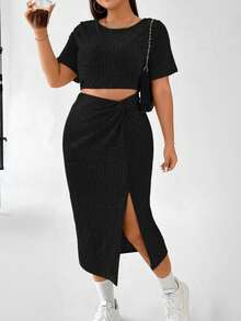Flirla Đầm Plus Size Cắt ra xoắn lại Tách cao màu trơn Giải trí - màu đen - Xem 3