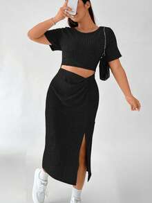 Flirla Đầm Plus Size Cắt ra xoắn lại Tách cao màu trơn Giải trí - màu đen - Xem 4