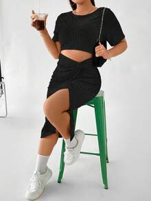 Flirla Đầm Plus Size Cắt ra xoắn lại Tách cao màu trơn Giải trí - màu đen - Xem 6